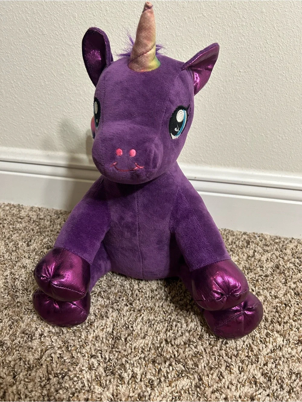Purple Plush Unicorn Stuffed Toy with Rainbow Horn - 14”